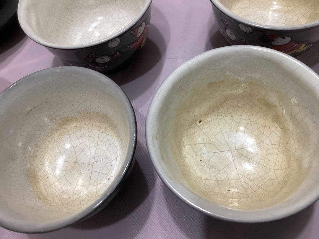 支那人形　萬古焼　茶道具セット 煎茶　緑色 陶器製 木箱　唐子の玉遊び模様