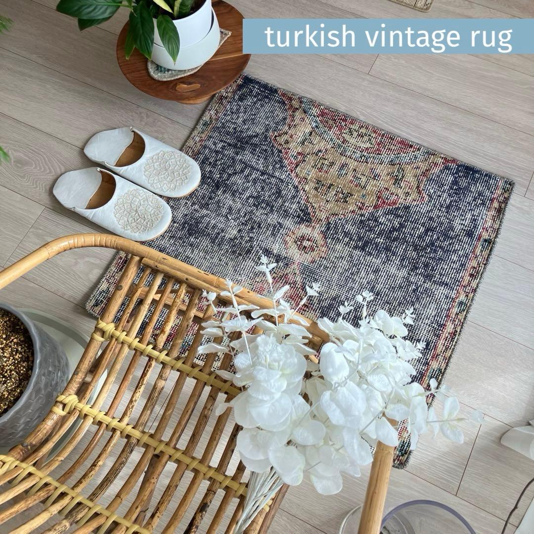 デニムブルー✳︎64×61 シャビー　キャラメル　レッド　トルコヴィンテージラグ