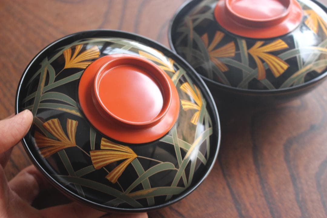 デッドストック！極上ススキ文に優美な内銀雁蒔絵の大椀2点（検輪島塗蒔絵椀雑煮椀