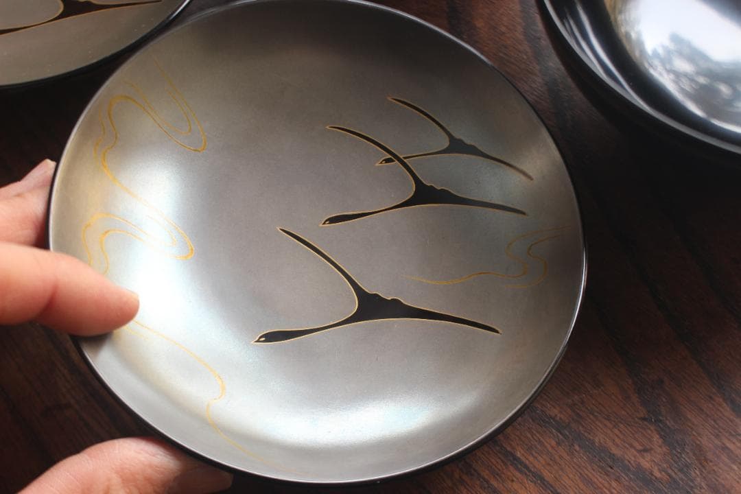 デッドストック！極上ススキ文に優美な内銀雁蒔絵の大椀2点（検輪島塗蒔絵椀雑煮椀