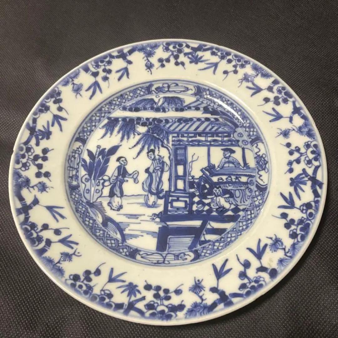 中国古美術 清の乾隆時代 青花　人物庭園　中皿　染付