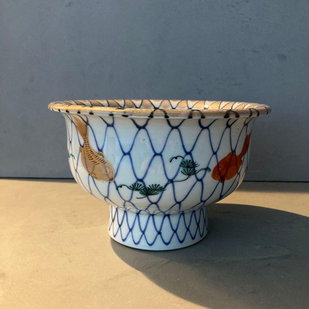 【貴重】古伊万里　染付色絵鉢　網目　金魚　金彩　茶碗　陶器　骨董品　江戸後期