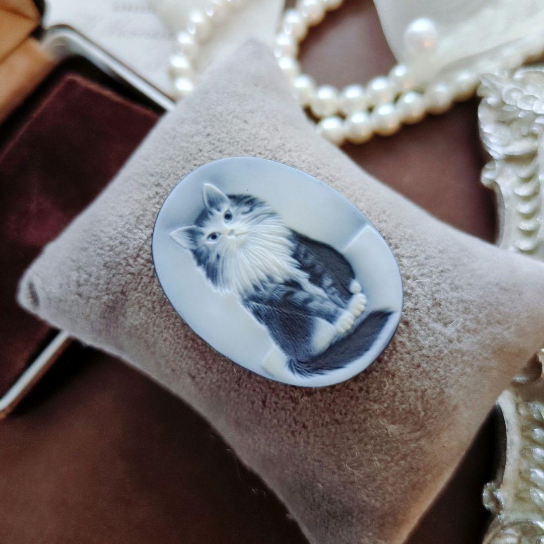 ドイツ CAMEO ストーン メノウ カメオ ルース 猫 メインクーン ブローチ