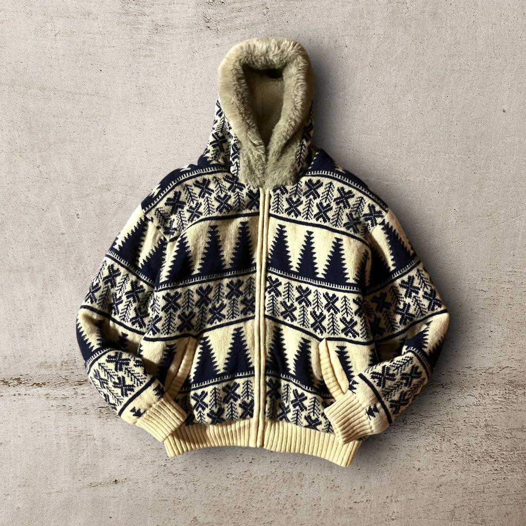 BLAIZE様☆ノルディック柄カウチンニットセーター総柄ファーフーディジップアッ