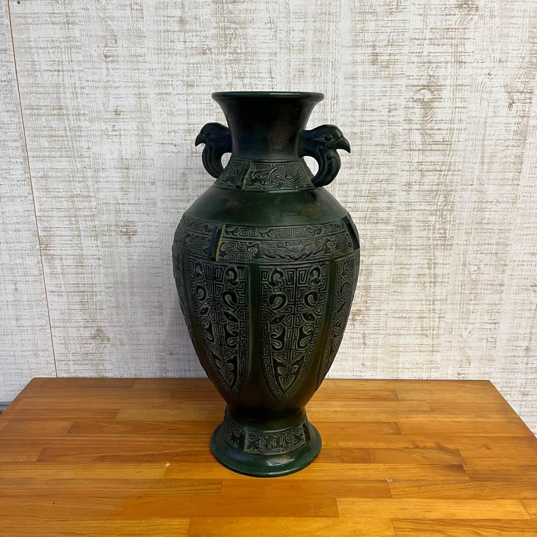 【アンティーク】高岡銅器 渋谷鳳州 饕餮紋 鷹耳付 壷 花器 青銅 古道具