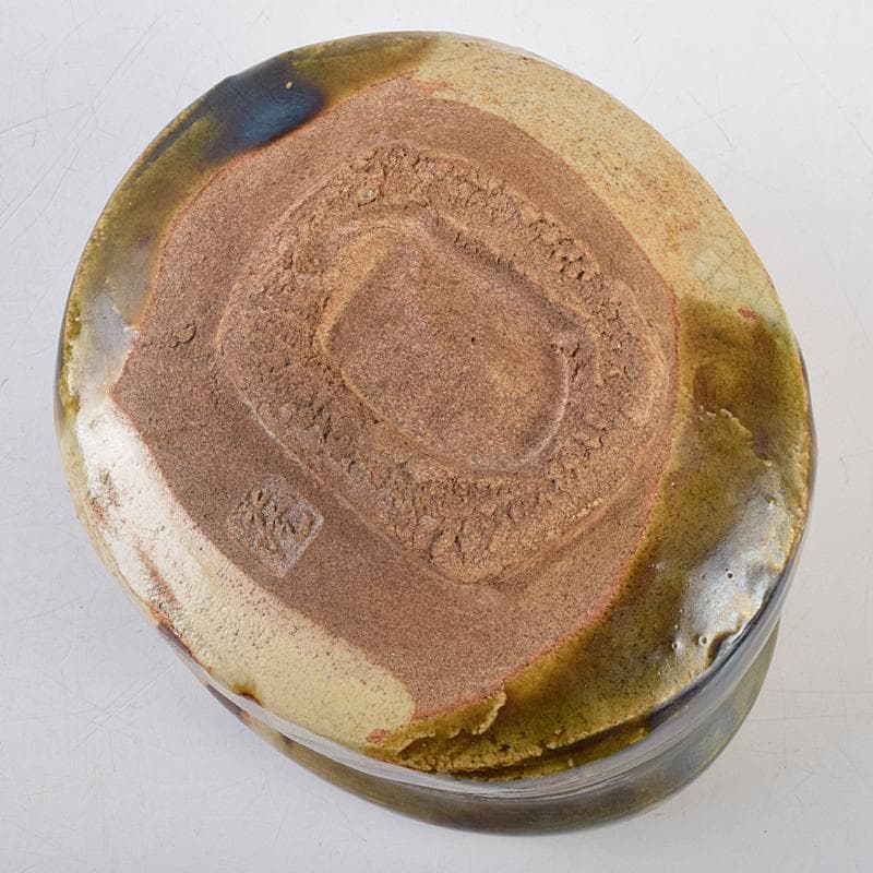 茶道具　人間国宝　鈴木蔵作　織部　沓形茶碗　茶碗　仕覆付　共箱　M　R9462