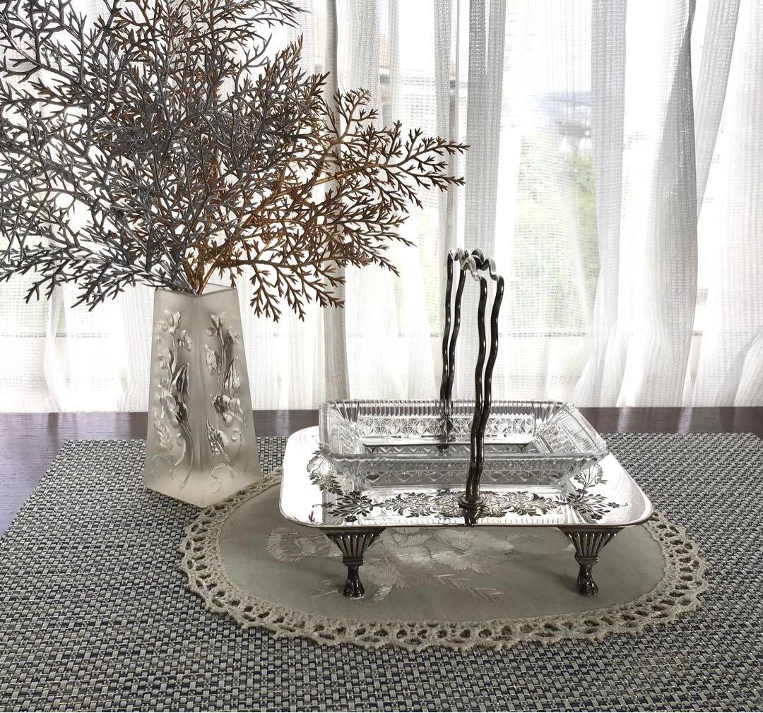 イギリスアンティーク、シルバーとガラスの持ち手付き深皿