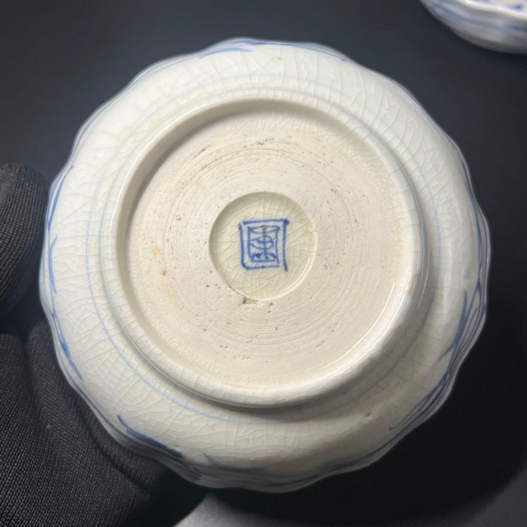 明治期 染付 松竹梅図 なます皿 5客揃 白磁 貫入◎古道具庵々