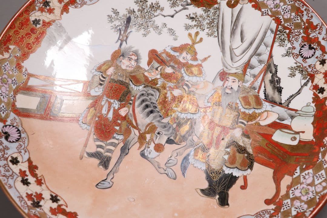 明治期 九谷焼 武者絵 飾大皿 45.2cm 於九谷高田画【MA212】