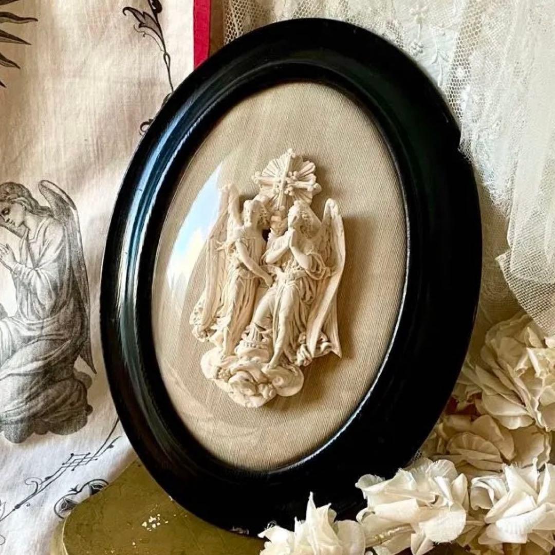 2人の天使のメダイヨン エンジェル フランスアンティーク エクリュ　フレーム