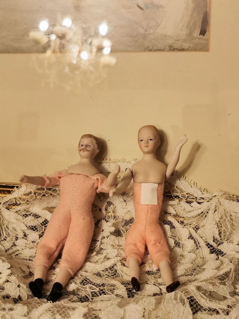 アンティーク チャイナヘッドドール ふっくらピンクフェルト ペア 夫婦 カップル