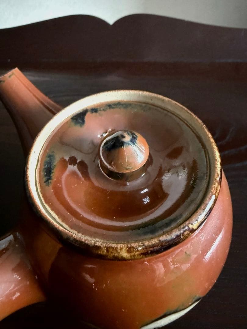 民藝 古作 益子焼 柿釉 抜絵 茶器揃 急須 湯呑み4客 古民藝 民芸