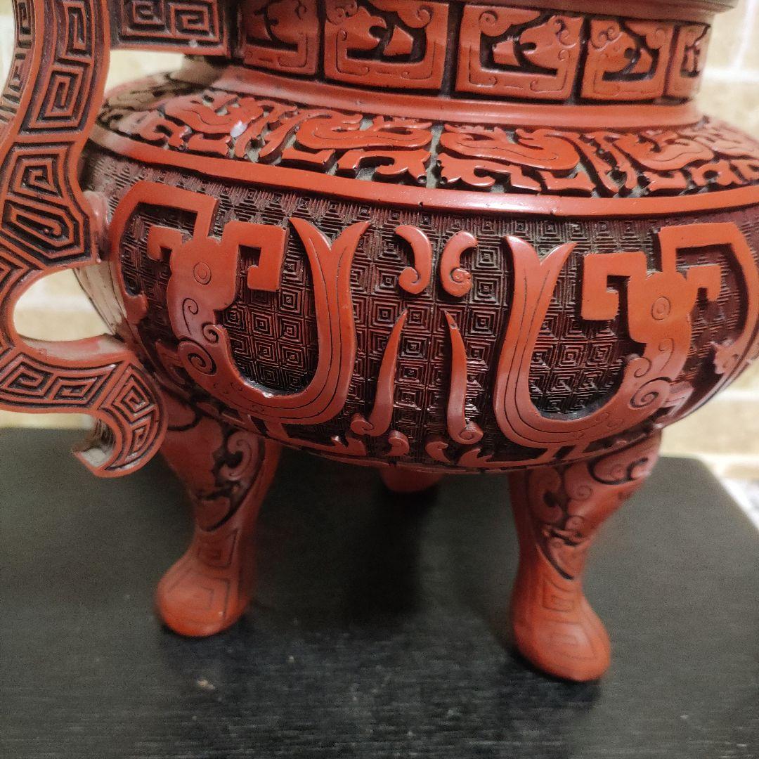 【希少】中国 堆朱 三足香炉 大香炉 香道具 獅子 細密彫刻 饕餮古獣紋32cm