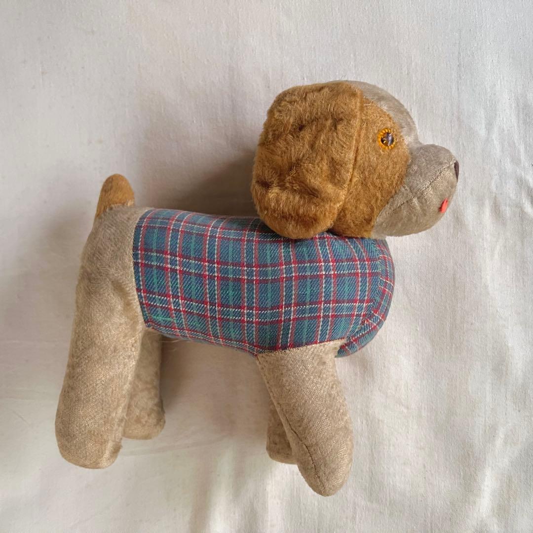 フランス　アンティーク　犬のぬいぐるみ　チェックの洋服　タレ耳