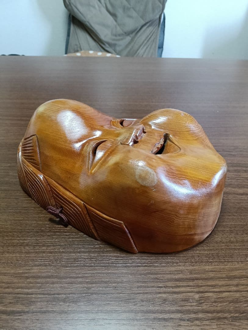 骨董　木製面　おかめ 　縁起物　手掘り　木彫り　壁掛け　お面