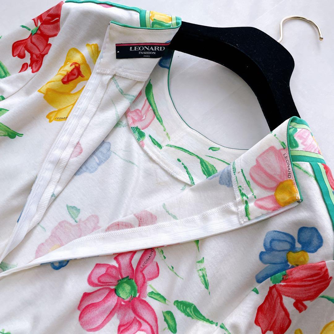 高級✨レオナール 花柄ワンピース トリム ベルト ゴールド金具 ロゴ刻印 L