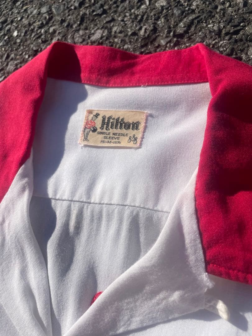 50s ヴィンテージ Hilton レーヨン ボウリングシャツ ホワイト/レッド