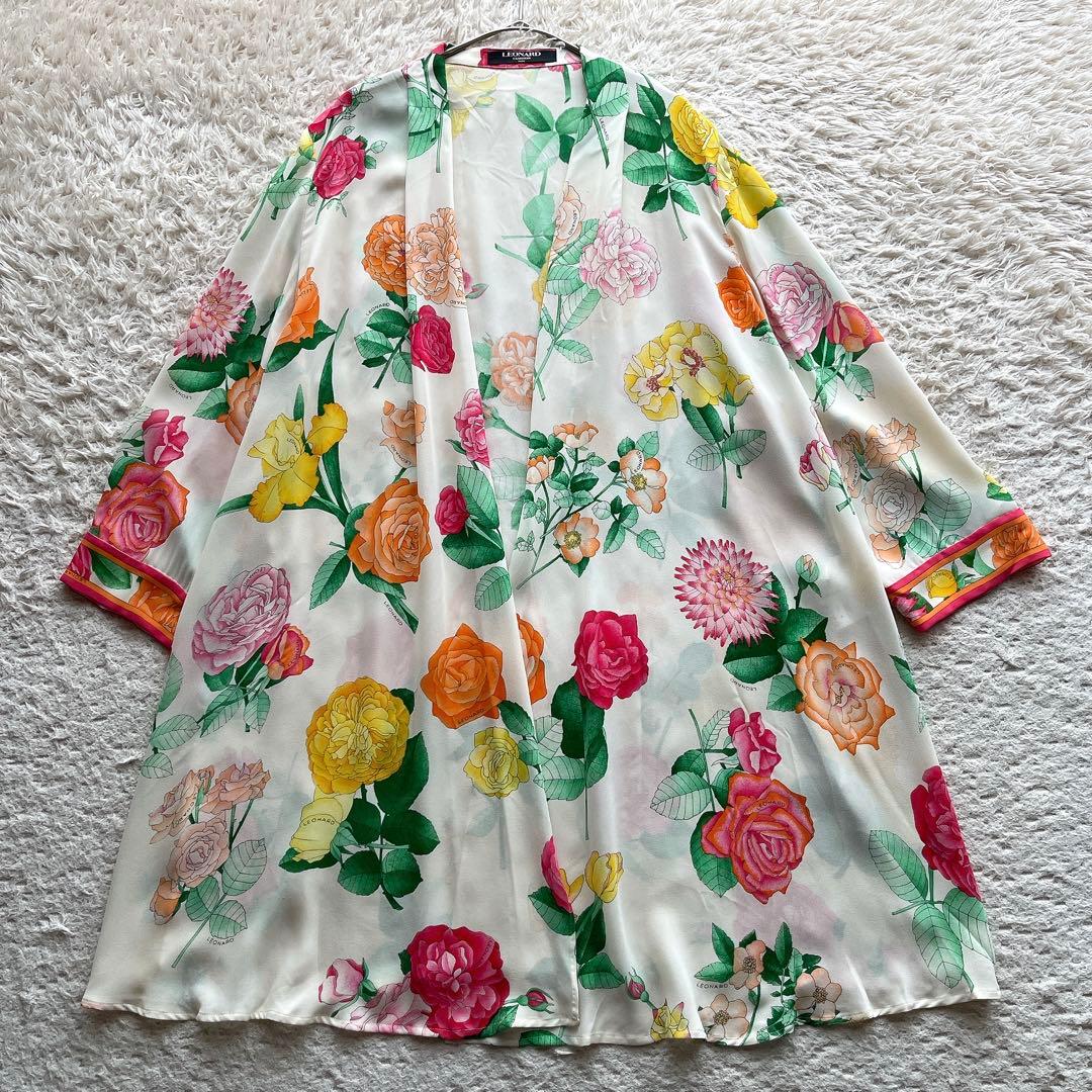 レオナール カーディガン はおり 総柄 花柄 トリム マルチカラー シルク M