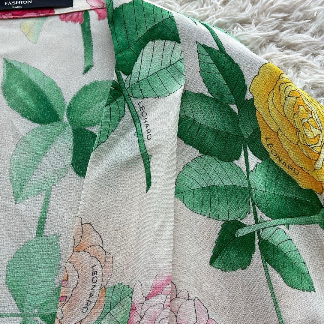 レオナール カーディガン はおり 総柄 花柄 トリム マルチカラー シルク M