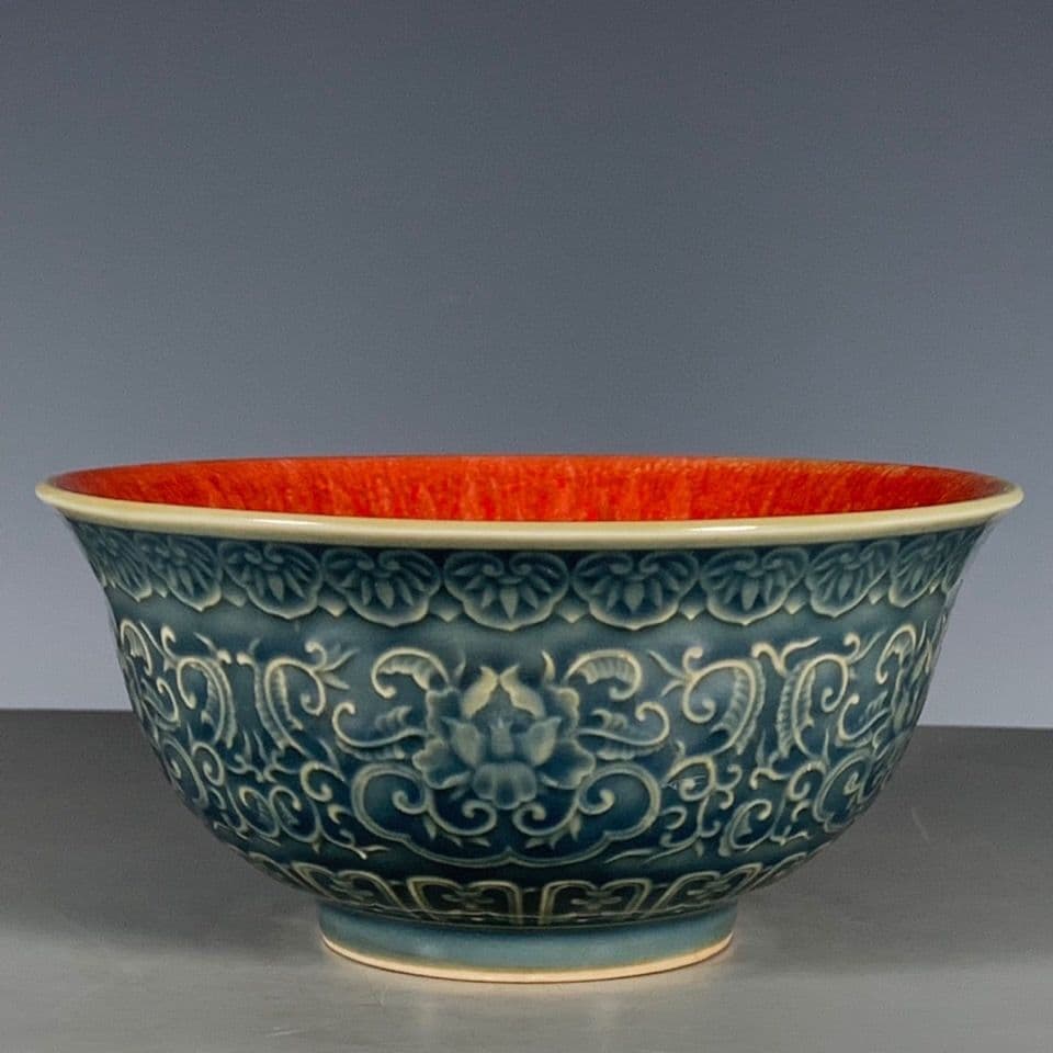 大清康煕緑釉霽紅釉碗  工芸品 美術品 置物