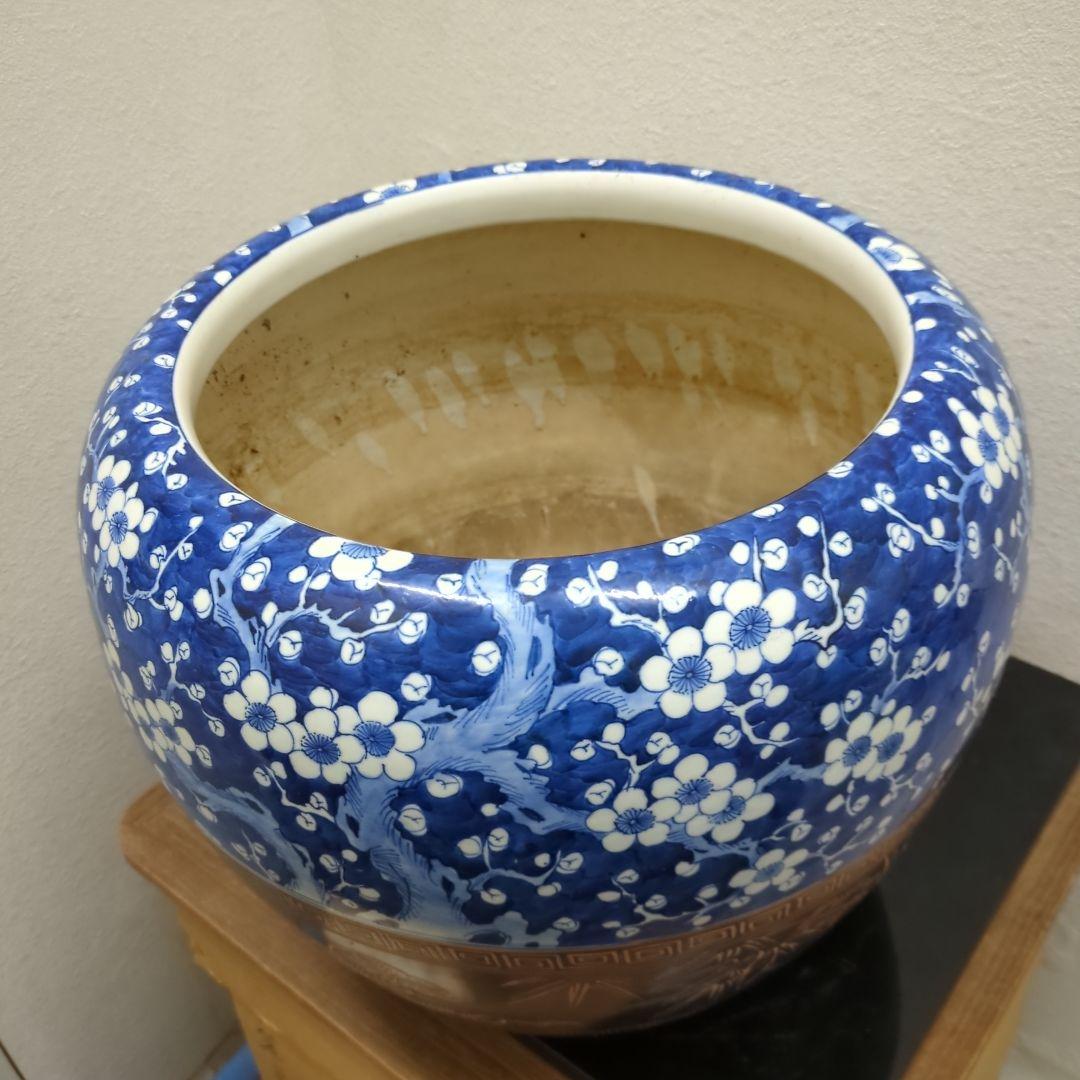 骨董　火鉢　梅の図　松竹梅　鉢カバー　睡蓮鉢　金魚　めだか