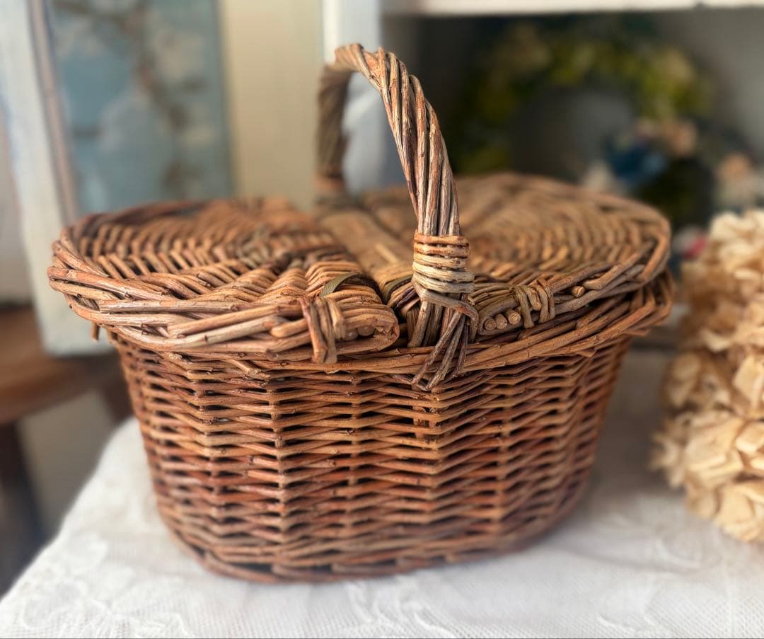 フランスアンティーク パニエ 木製 バスケット 藤 かご 籠 ボックス 蚤の市
