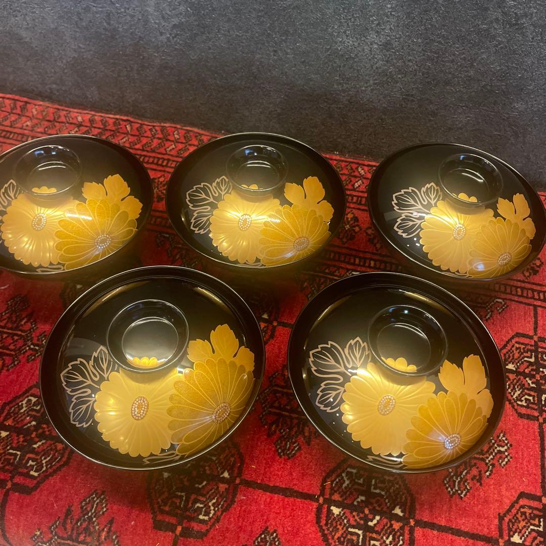 輪島塗　蒔絵菊花図　五客