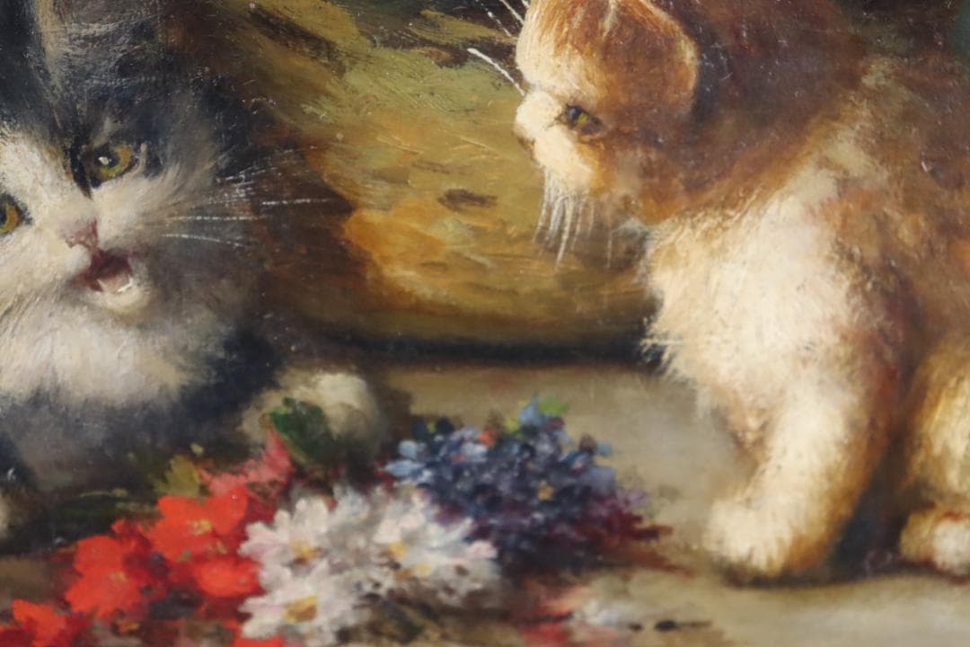 真作保証 19世紀 古画 「3匹の猫」 油彩4号 希少な動物画