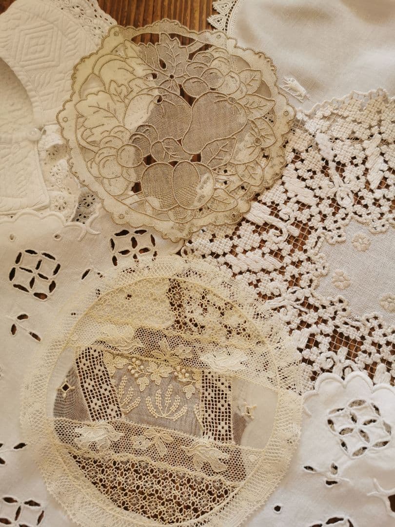 アンティーク 花咲く野を飛ぶバード アランソンレース ✜ 糸花刺繍✾ドイリー