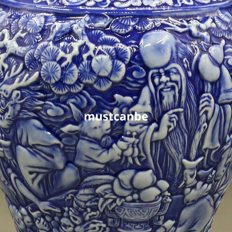 清乾隆藍地に彫られた十二支人物紋梅瓶 景徳鎮 装飾品 現代工芸品美術品 置物