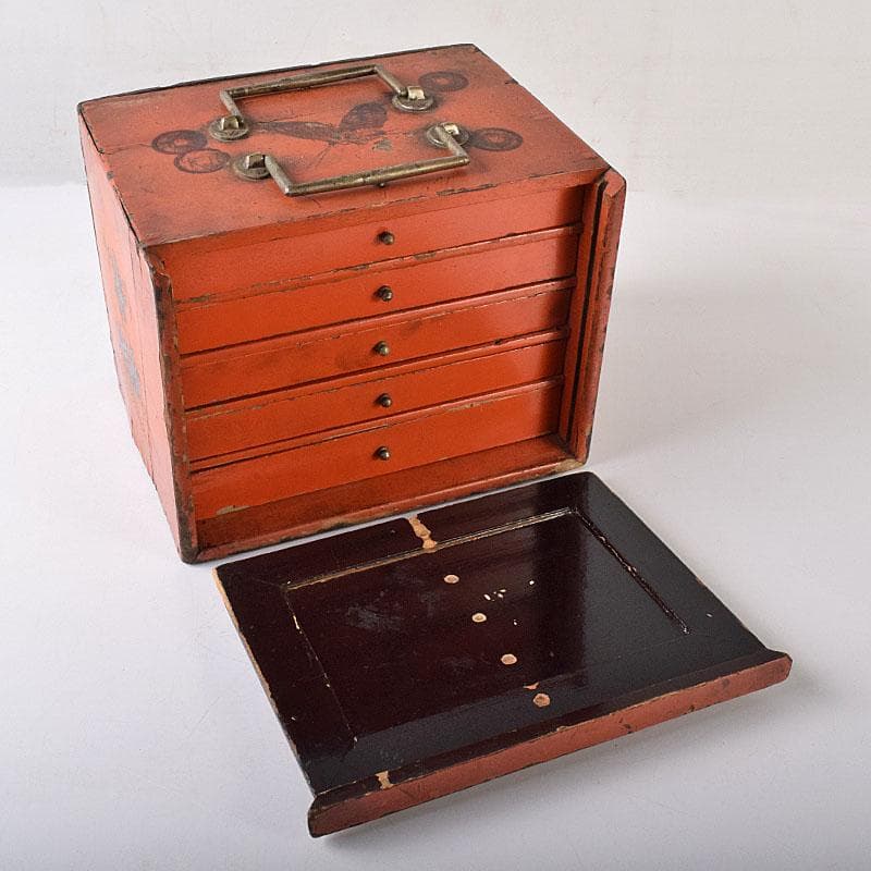 中国　竹嵌　骨牌　背竹牌　麻雀牌　花鳥文蒔絵朱塗箱付　D　8707