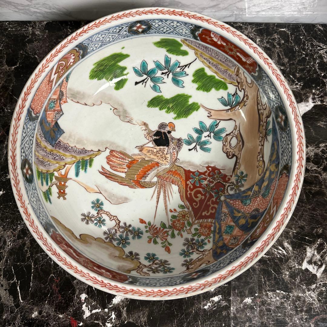 古伊万里、染錦、花鳥図、赤玉、中鉢。