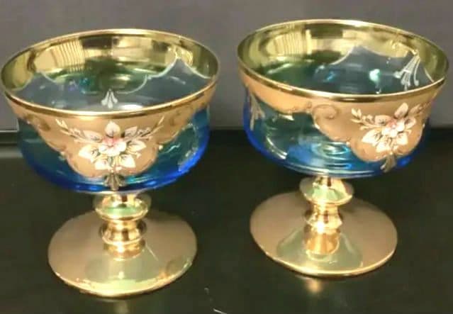 ベネチアングラス　金色とブルーのエレガントなデザインの手描き花柄グラス③④