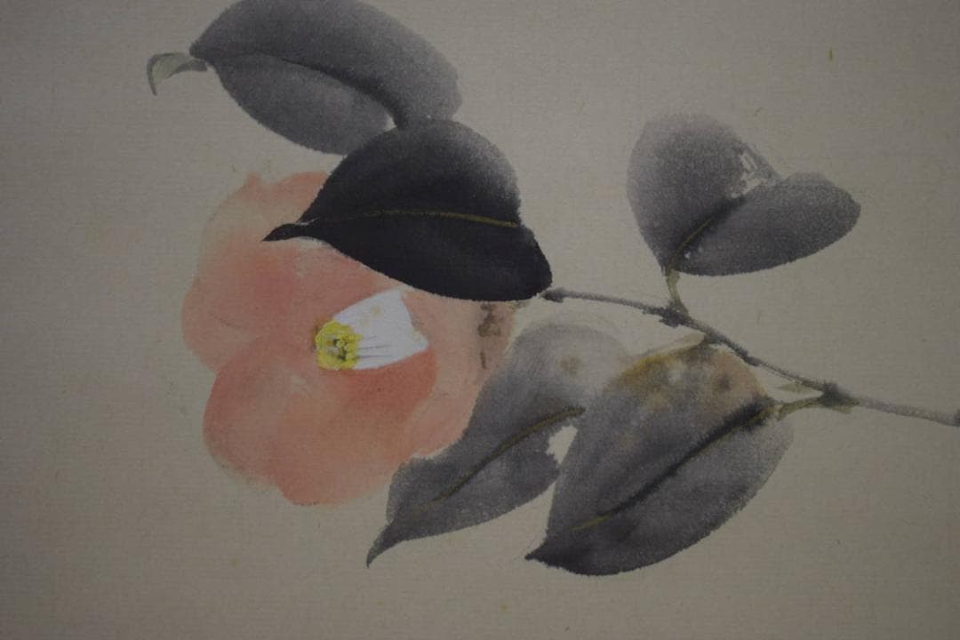 真作/佐藤古岫/紅椿図/寒椿/横物/桐共箱付/布袋屋掛軸HI-960