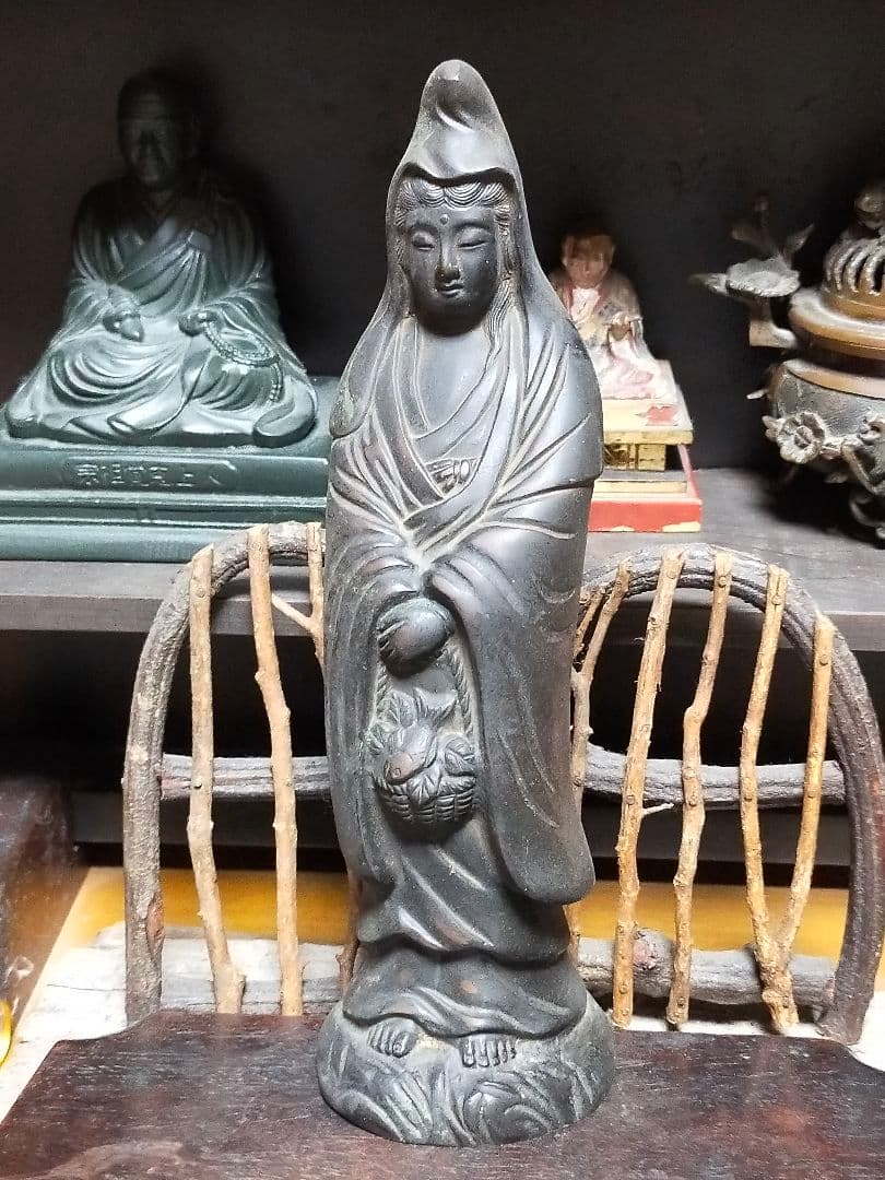 ♥☆彡　とても古い　銅製　観音像　立像　２　観音様　仏像　骨董　中国　レトロ