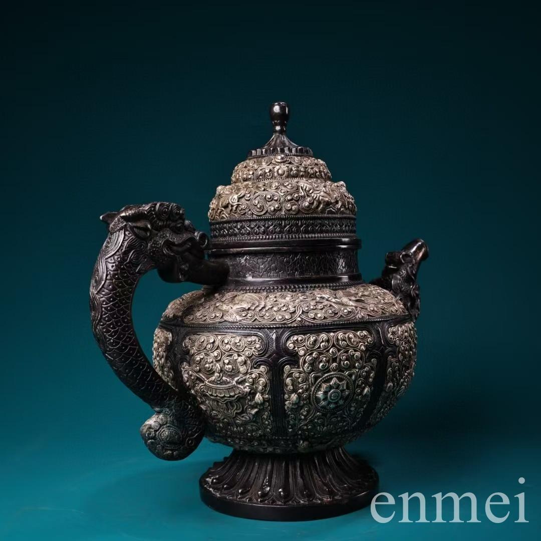 中国古美術・チベット収蔵・純銅鍍銀「吉祥八宝」バター茶壺・純手作り・急須・茶壺
