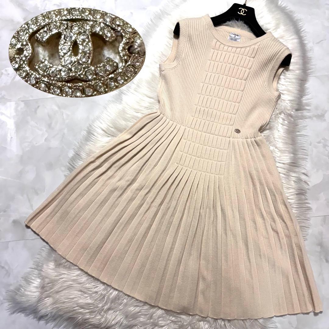本物 美品 シャネル COCO装飾 ブロックデザイン プリーツ ワンピース 42