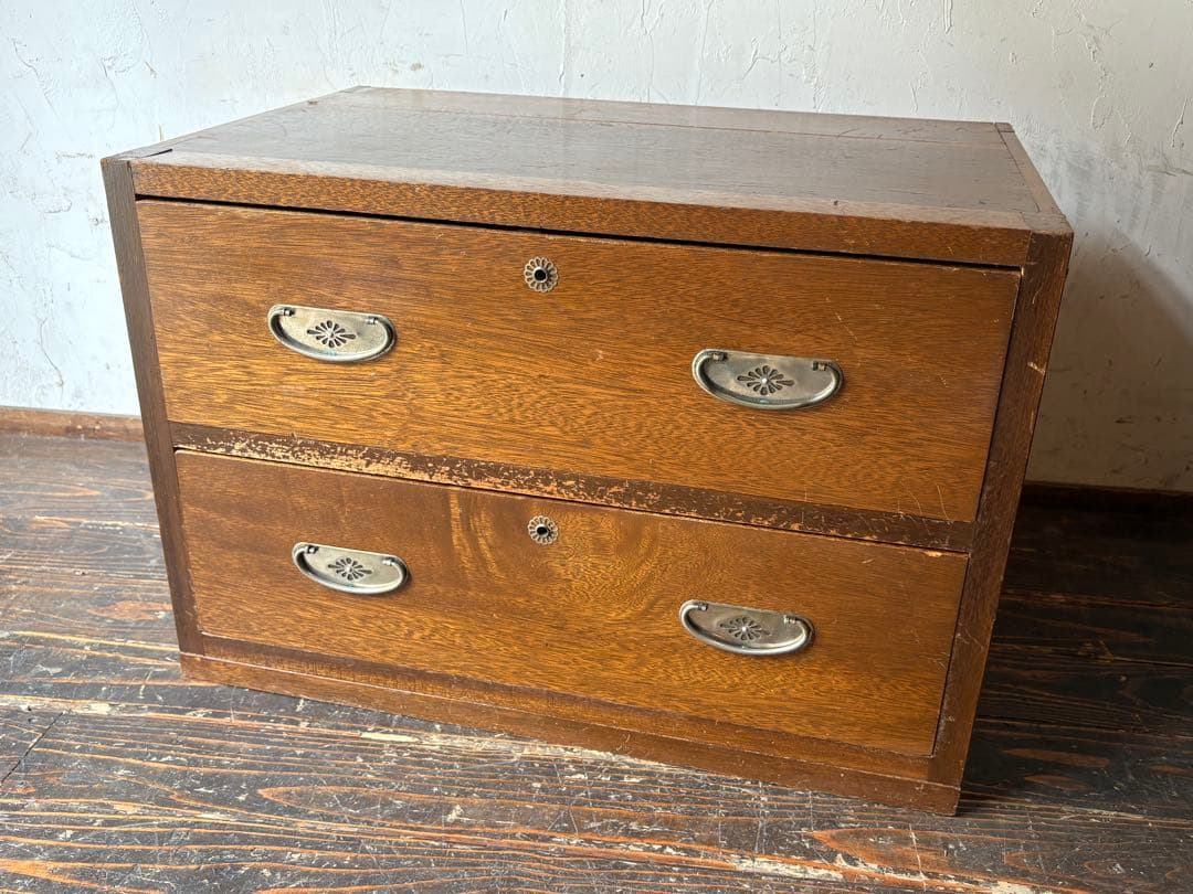 木製2段タンス 鍵付き アンティーク レトロ