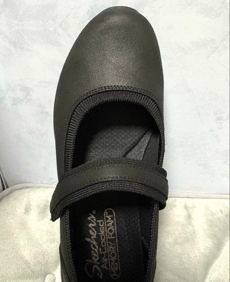 新品25スケッチャーズ黒バレエシューズメリージェーンストラップウェッジソール