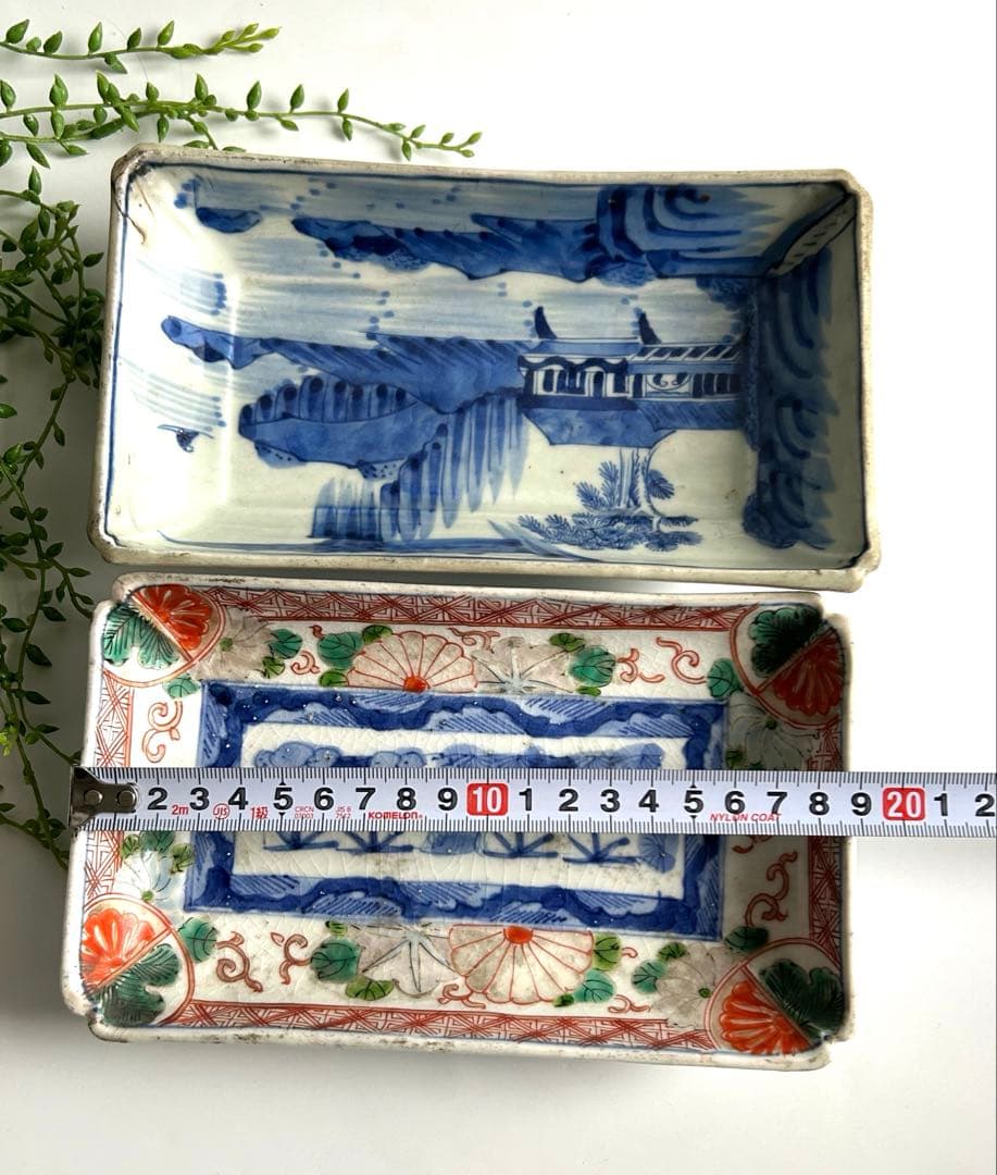 古伊万里　風景 色絵　染錦　角皿 2枚セット
