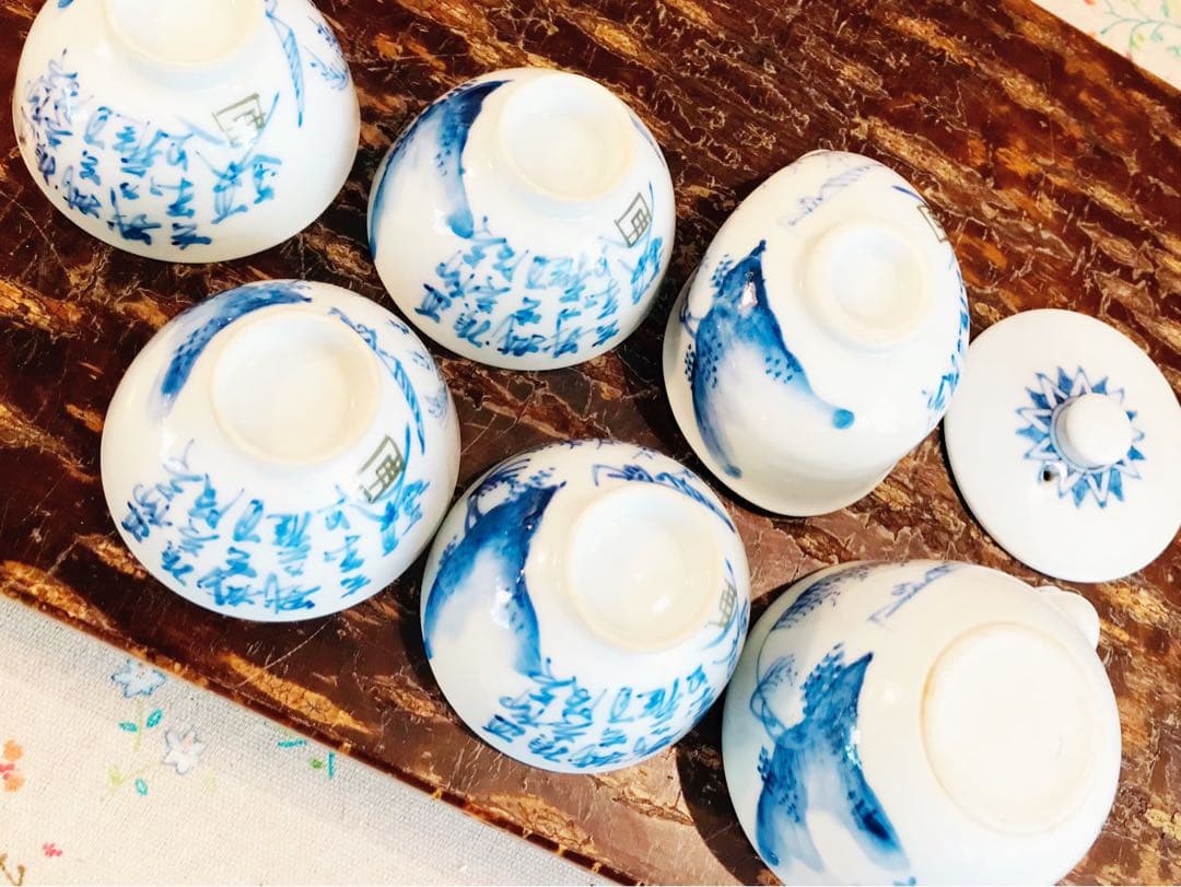 京焼染付寶瓶/ 湯冷/茶碗6点揃い　田能村直入 / 画 | 明治-19世紀頃