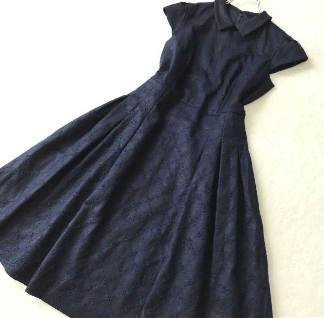 ネイビー 半袖 フレアワンピース