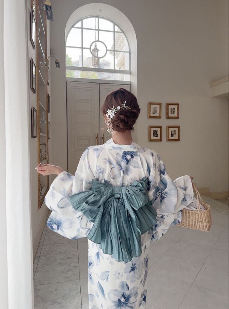 お買い得‼️5点セット2Way水彩花柄浴衣セット　浴衣　お祭り　水色白色