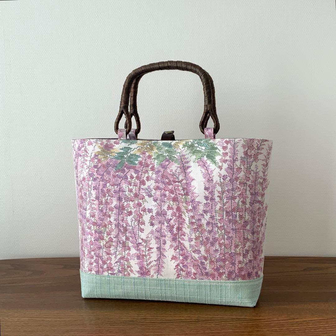 大島紬　満開の藤の花　リメイク　胡桃皮ハンドルバッグ