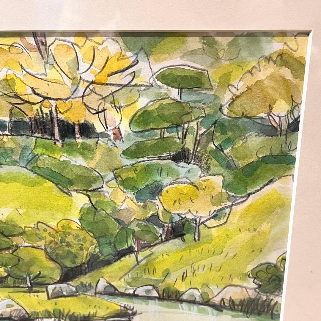 透明水彩画　日本庭園　MARUO 額縁入り　緑　園庭　インテリア　希少