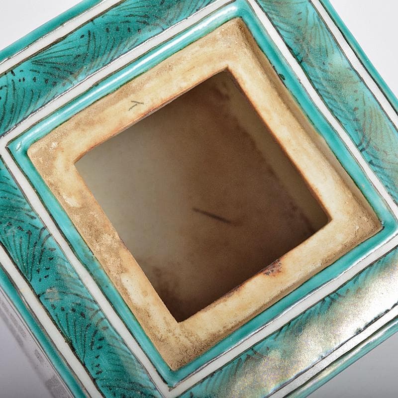 九谷焼　西谷加陽作　色絵　毛筆細字　獅子摘　四方香炉　共布共箱　F　R7688