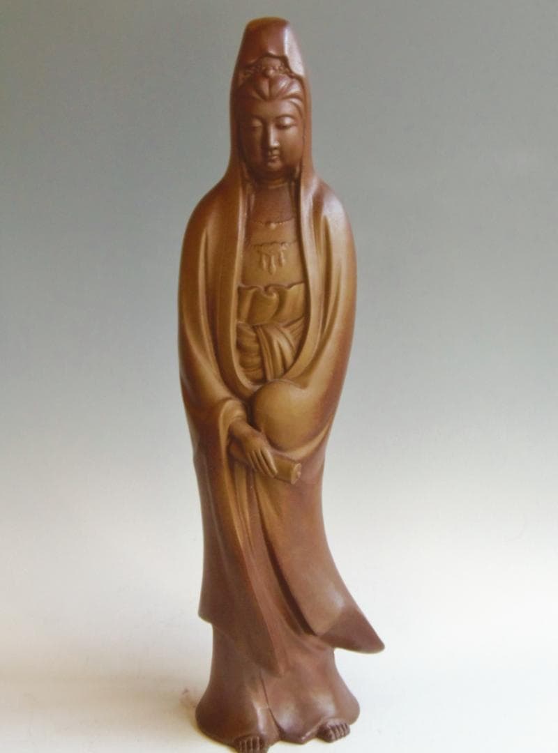 高33センチ金重利陶苑77代陶弘 金重利右衛門（金重稔）備前焼 観音像 置物