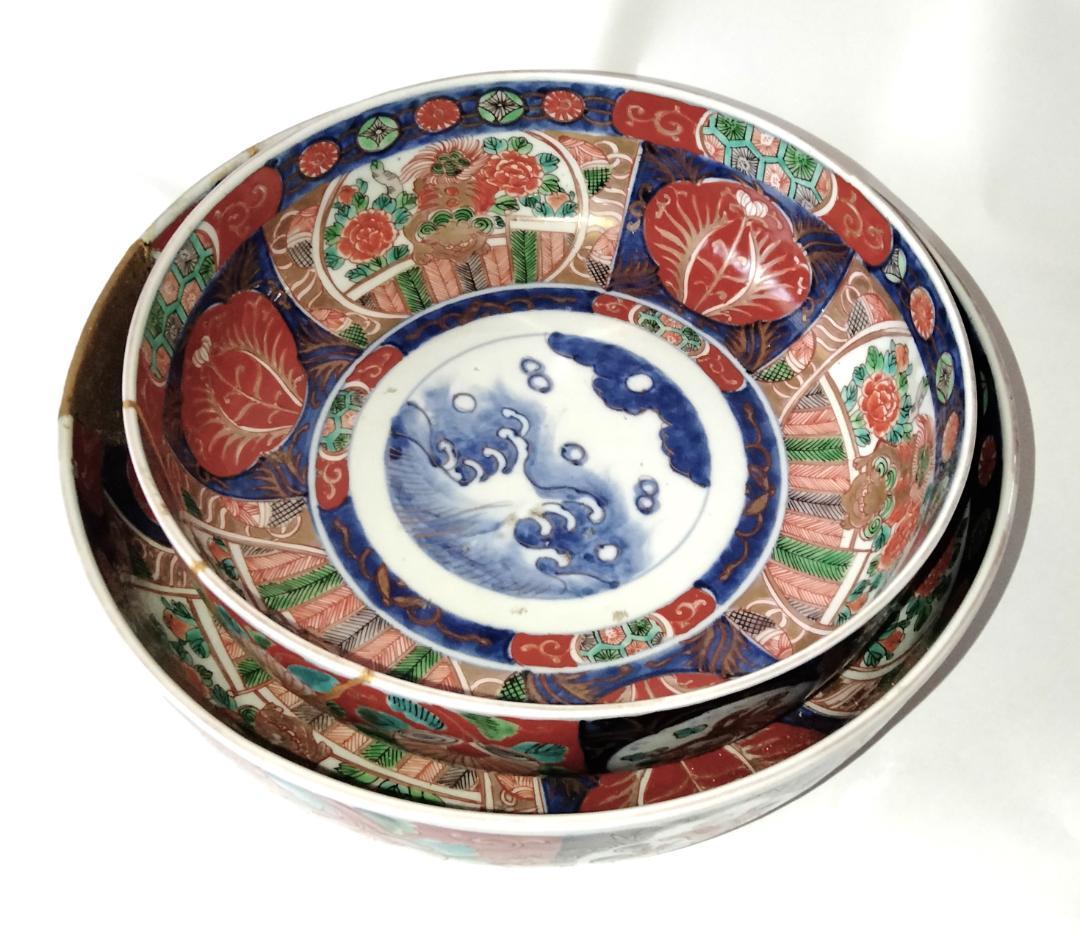 陶器 大深鉢(大) 荒波に獅子・牡丹・鳳凰 色絵 二重鉢揃い Ab-318