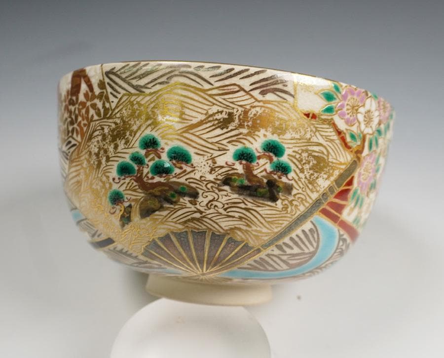 京焼 与山窯 小川由雄 仁清扇面草花茶碗 茶道具