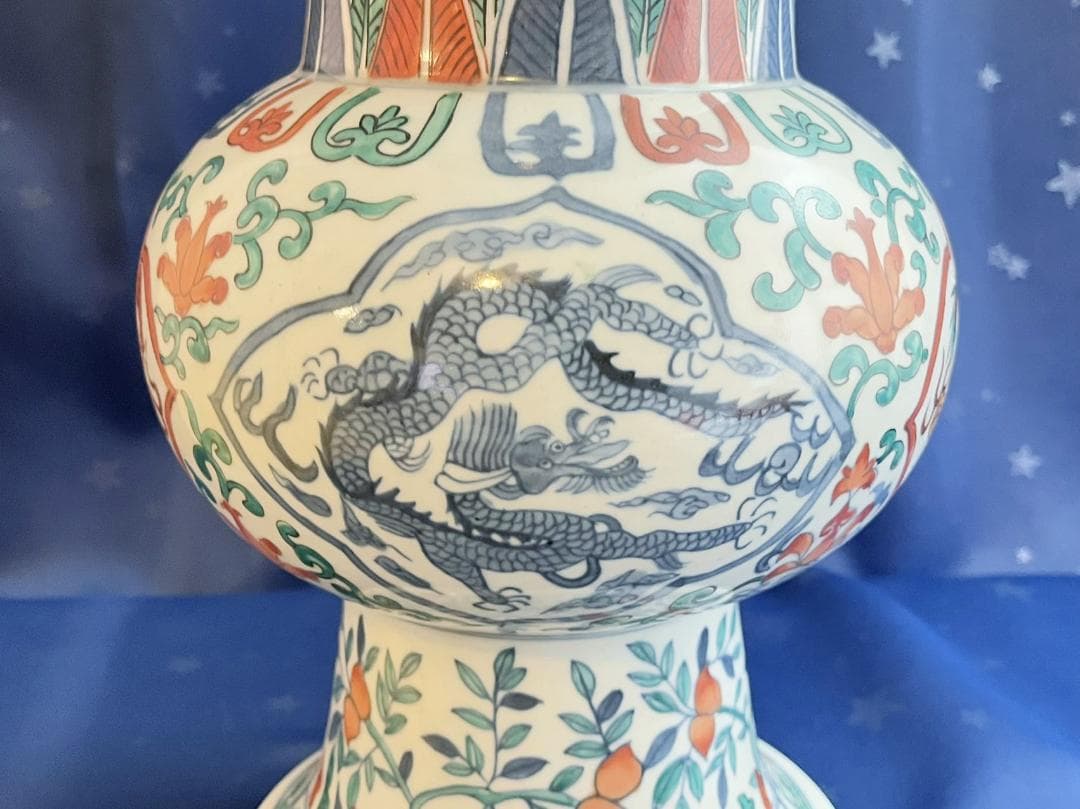 中国古玩 大明萬暦年製 彩色雲龍紋花瓶 花器 花生 高さ約42.3cm 時代物